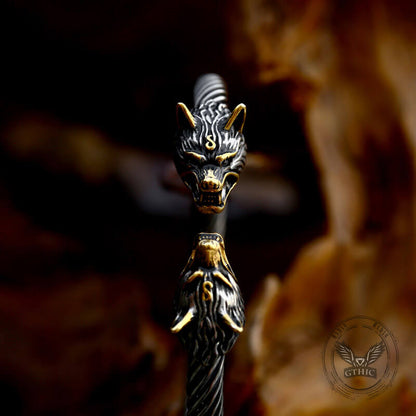 Viking Dominating Double Wolf Head Stainless Steel Open Bracelet
