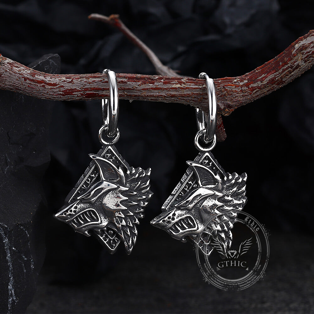 Viking Rune Wolf Head Stainless Steel Earrings