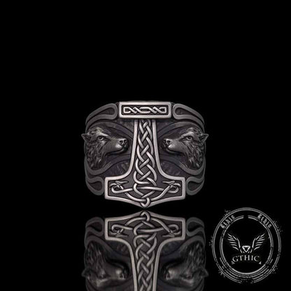 Viking Thor's Hammer Double Wolves Sterling Silver Ring
