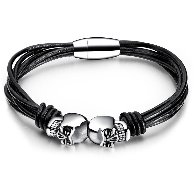 Black Double Skull Bracelets for and / Stainless Steel Bangle Jewelry
