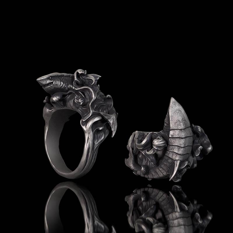 Fierce Shark Ocean Wave Sterling Silver Ring