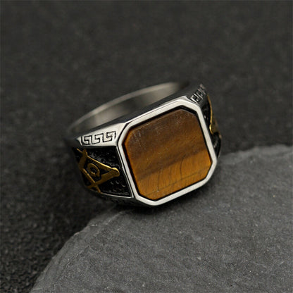 Frosted Lapis Lazuli Masonic Stainless Steel Ring