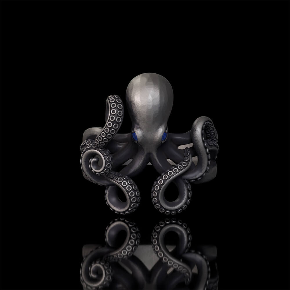 Gem Eye Octopus Tentacle Sterling Silver Marine Ring