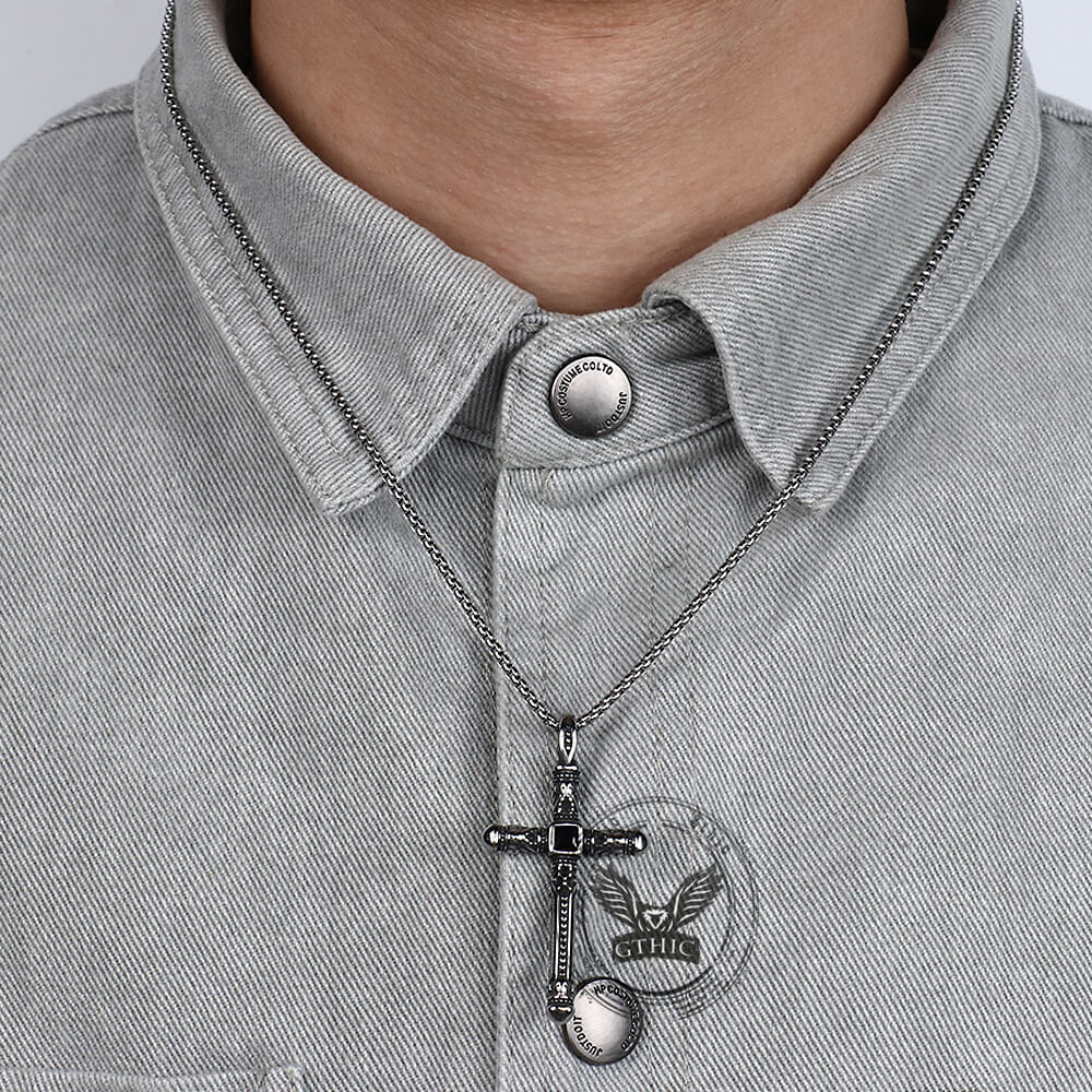 Gemstone Cross Skull Stainless Steel Pendant