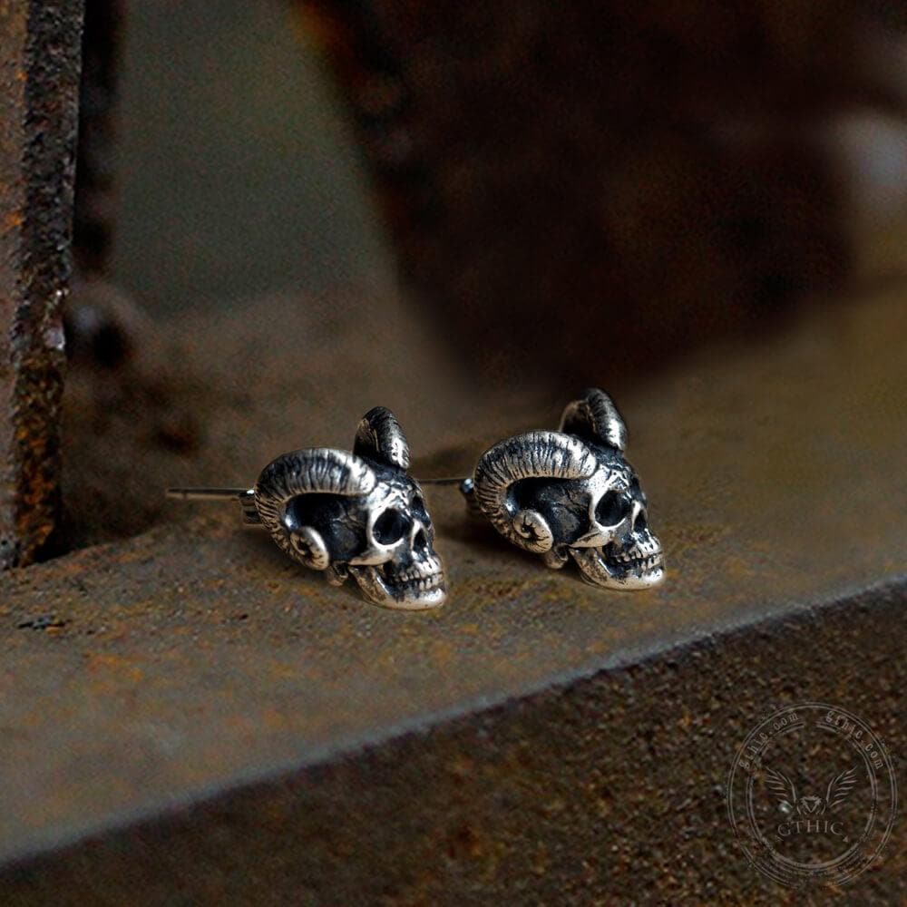 Goat Head Skull Sterling Silver Stud Earrings