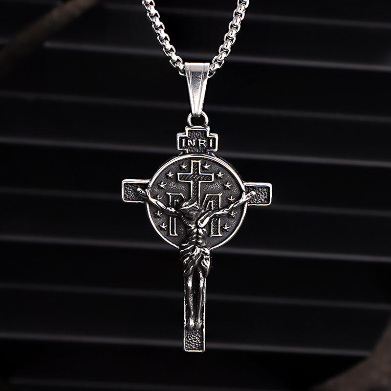 Jesus Suffering Inri Cross Stainless Steel Pendant