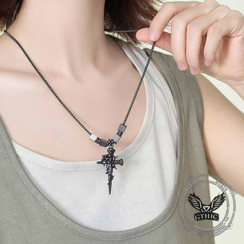 Nail Cross Thorn Rose Alloy Necklace