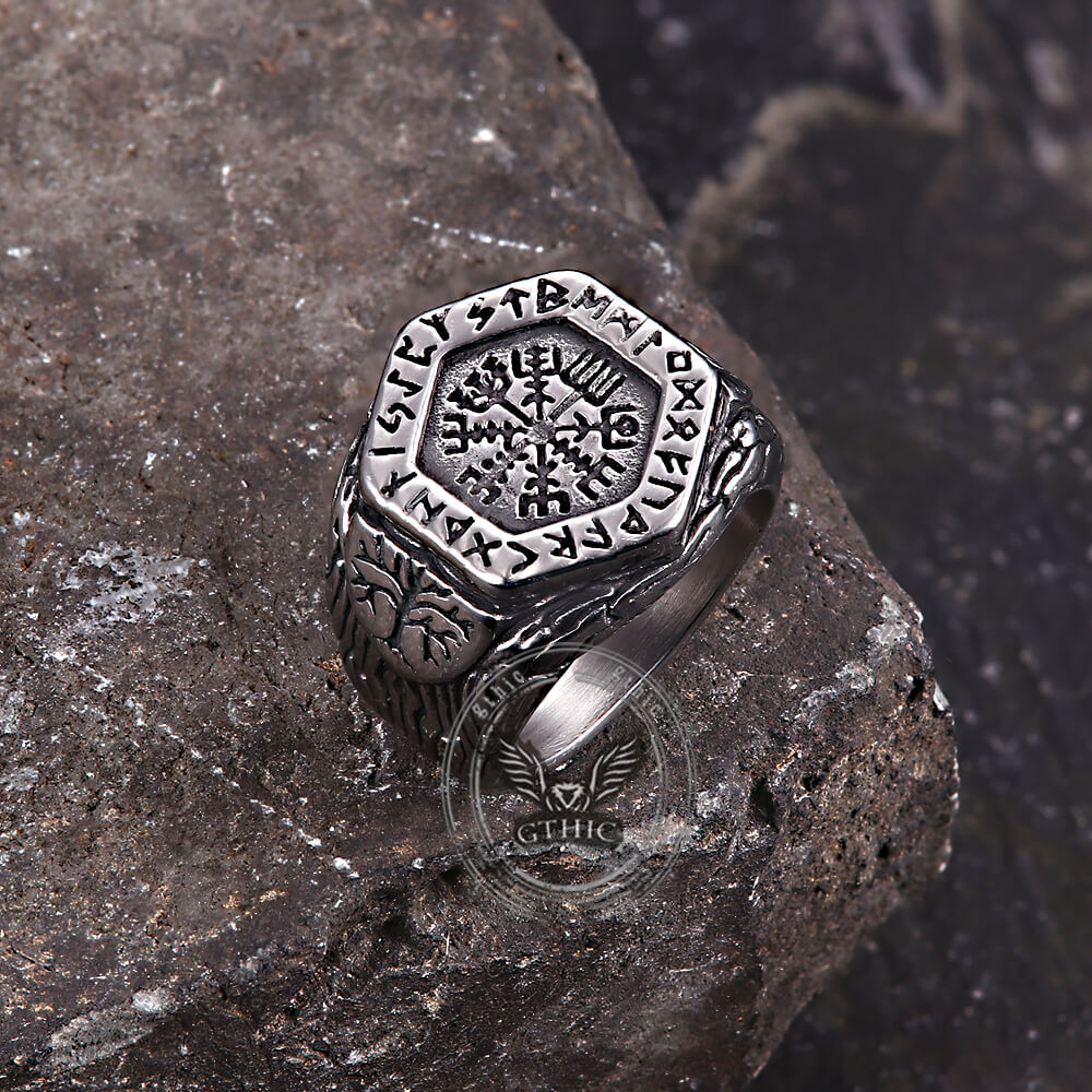 Tree of Life Vegvisir Rune Stainless Steel Viking Ring
