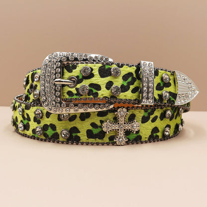 Y2k Leopard Print Rhinestone Cross Rivet Pu Leather Belt